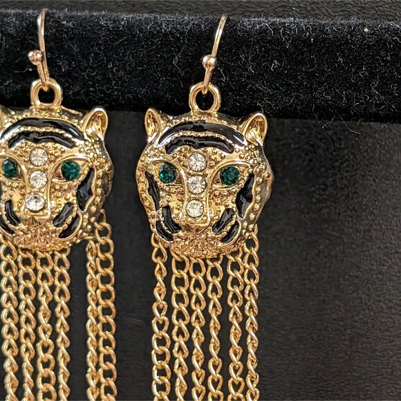 VTG Y2K Gold Tiger Dangle Earrings Bedazzled Fashion Metal Cleopatra Indie - Picture 2 of 4